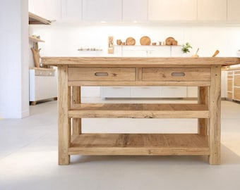 Rustic Wooden Kitchen Island – Custom Handmade Farmhouse Style with Storage Shelf, Live Edge Table