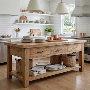 Puede incluir: Isla de cocina de madera rústica con tres cajones, un estante inferior y dos cestas de mimbre. Ollas y sartenes de cobre encima, junto con pilas de platos. La isla está en una cocina luminosa con azulejos blancos y luces colgantes.