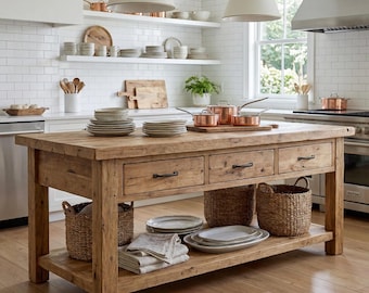 Isla de cocina de borde vivo hecha a mano: estilo rústico de granja con espacio de almacenamiento