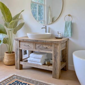 Rustic Wooden Bathroom Vanity – Custom Handmade Farmhouse Sink Shelf, Live Edge Wood Cabinet