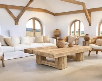 Rustic Wooden Coffee Table – Custom Handmade Farmhouse Style, Solid Rectangular Live Edge Wood Decor