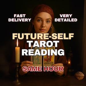 May include: A woman holding tarot cards with the text "FUTURE-SELF TAROT READING" and "SAME HOUR". The image also includes the text "FAST DELIVERY" and "VERY DETAILED". A lit candle sits in a brass holder to the left of the woman.