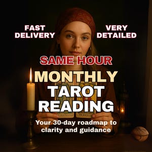May include: A woman holding tarot cards, with text overlay: "SAME HOUR MONTHLY TAROT READING." Additional text reads "FAST DELIVERY" and "VERY DETAILED." A lit candle and decorative elements are in the background. The text "Your 30-day roadmap to clarity and guidance" is also present.