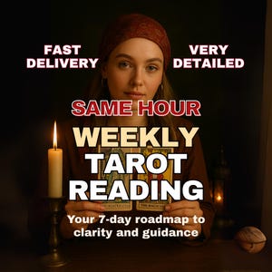 Puede incluir: Imagen de una mujer sosteniendo cartas del tarot con el texto "WEEKLY TAROT READING". El texto incluye "FAST DELIVERY", "VERY DETAILED" y "SAME HOUR". También se ve una vela encendida y el texto "Your 7-day roadmap to clarity and guidance".