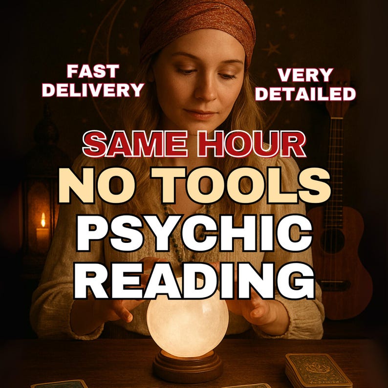 May include: An image featuring a woman with a headscarf, focused on a glowing crystal ball. Text overlays read "FAST DELIVERY", "VERY DETAILED", "SAME HOUR", "NO TOOLS", and "PSYCHIC READING". A ukulele and tarot cards are in the background.