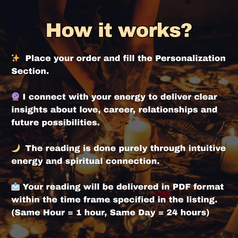 May include: Image with text: "How it works?" followed by steps for a personalized reading. Includes details about energy connection, insights on love, career, and relationships, and PDF delivery within a specified timeframe.