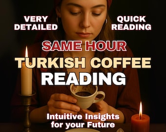 May include: An image promoting Turkish coffee readings. The text reads "Very Detailed", "Quick Reading", "Same Hour", "Turkish Coffee Reading", and "Intuitive Insights for your Future". A woman holds a coffee cup, with candles and crystals nearby.