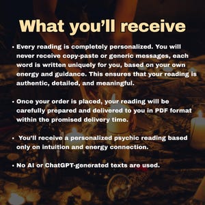 May include: Image with text "What you'll receive" and bullet points describing personalized psychic readings. The text promises unique, authentic, and detailed readings based on intuition and energy, delivered in PDF format.