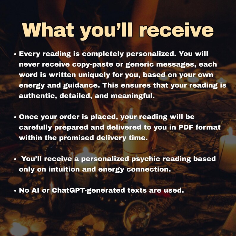 May include: Image with text "What you'll receive" and bullet points describing personalized psychic readings. The text promises unique, authentic, and detailed readings based on intuition and energy, delivered in PDF format.