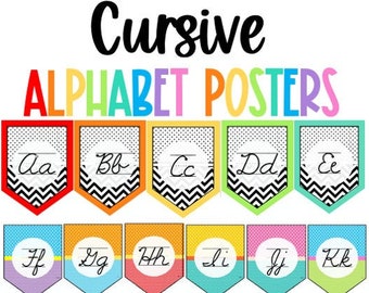Editable Polka Dot & Chevron Cursive Alphabet Poster Cards - Classroom Decor Wall Set - ABC Chart