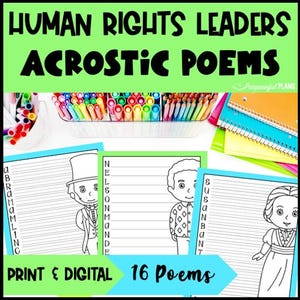 Puede incluir: Imagen con el texto "HUMAN RIGHTS LEADERS ACROSTIC POEMS". La imagen incluye ilustraciones de figuras históricas, papel rayado y el texto "PRINT & DIGITAL 16 Poems". También se ven rotuladores de colores y cuadernos.