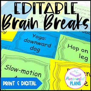 EDITIERBARE Aktivitätskarten für Brain Break-Bewegung - Classroom Marketing Print Digital
