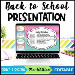 May include: A laptop displays a "Back to School Presentation" with a daily schedule, including arrival, reading, recess, and science. The screen has pink and teal accents. The laptop is on a white surface with colorful stationery.
