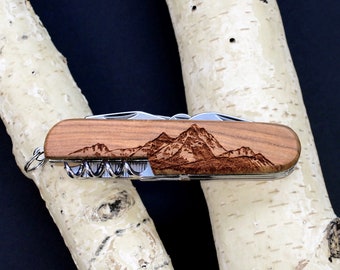 Customizable 7-Tool Pocket Knife with Engraved MOUNTAINEER Design Gift for Men Groomsmen Wedding Party Fathers Day Graduation Camping