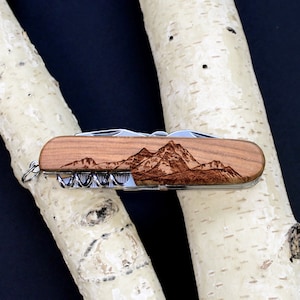 Customizable 7-Tool Pocket Knife with Engraved MOUNTAINEER Design Gift for Men Groomsmen Wedding Party Fathers Day Graduation Camping