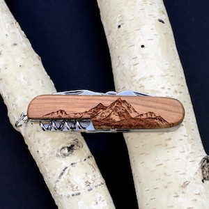 Customizable 7-Tool Pocket Knife with Engraved MOUNTAINEER Design Gift for Men Groomsmen Wedding Party Fathers Day Graduation Camping image 1