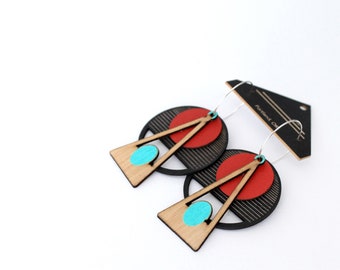 Architectural Lightweight Leather + Birch earring: DECO Red on Black Featherlight bold statement multilayer laser cut gauge friendly