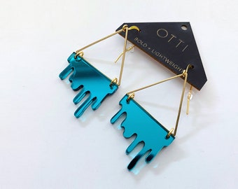 Dripping "Slime" Acrylic Triangle Earrings: Mirrored Teal bold statement earring  lightweight