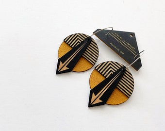 Architectural Lightweight Leather + Birch earring: Mustard Arrow Lines Featherlight bold statement multilayer laser cut gauge friendly