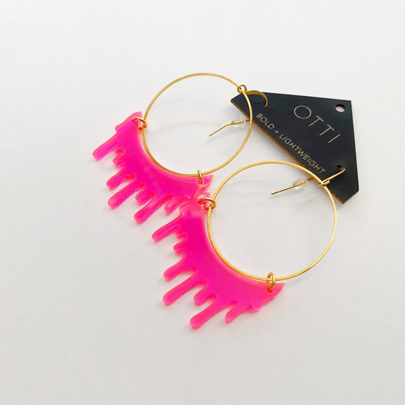 Dripping Slime Acrylic Hoop Earrings: Fluorescent Pink image 1