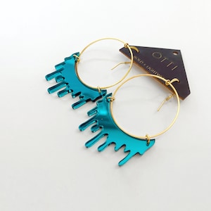 Dripping &quot;Slime&quot; Acrylic Hoop Earrings: Mirrored Teal