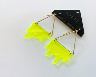 Dripping "Slime" Acrylic Triangle Earrings: Fluorescent Lime Green bold statement earring UV reactive lightweight