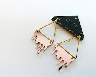 Dripping "Slime" Acrylic Triangle Earrings: Mirrored Rose Gold bold statement earring  lightweight