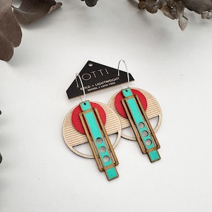 Architectural Lightweight Leather + Birch earring: WRIGHT Red Featherlight bold statement multilayer laser cut gauge friendly