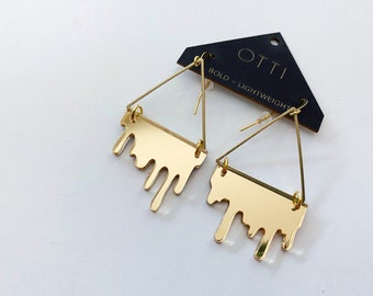 Dripping "Slime" Acrylic Triangle Earrings: Mirrored Gold bold statement earring  lightweight