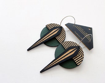 Architectural Lightweight Leather + Birch earring: Emerald Naja Featherlight bold statement multilayer laser cut gauge friendly