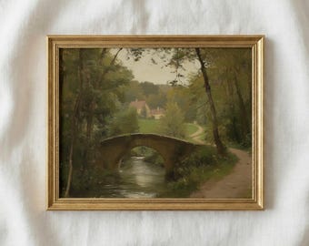 Vintage Forest Bridge Painting Print | English Country Farmhouse Wall Art | Rustic Cottagecore Landscape