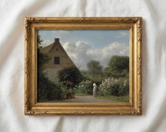 Vintage English Countryside Cottage Painting | Country Farmhouse Wall Art | Rustic Landscape | Antique Garden Decor | Fine Art Print