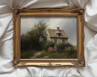 Vintage English Countryside Cottage Painting | Country Farmhouse Wall Art | Rustic Landscape | Antique Garden Decor | Fine Art Print
