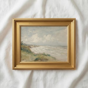 Vintage olieverfschilderij kustlandschap, antieke kunst aan de muur zeegezicht, rustiek strandhuisdecor, print humeurige oceaankustlijn