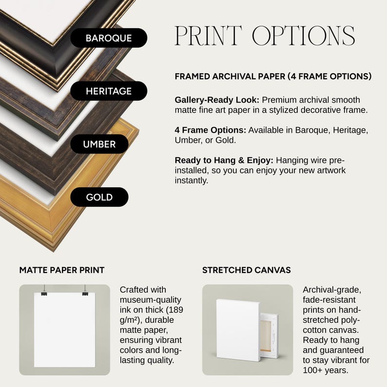 May include: Image showcasing print options, including framed archival paper in Baroque, Heritage, Umber, and Gold frames. Also features matte paper prints and stretched canvas options. Text reads "Print Options".