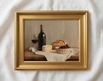Vintage Wine and Cheese Still Life Oil Painting, Antique Kitchen Wall Art, Rustic Dining Room Decor, Wine Lover Gift, Dark Academia Food Art