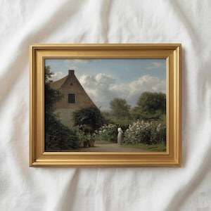 Dipinto vintage di un cottage nella campagna inglese / Arte murale di una fattoria di campagna / Paesaggio rustico / Decorazione da giardino antica / Stampa artistica