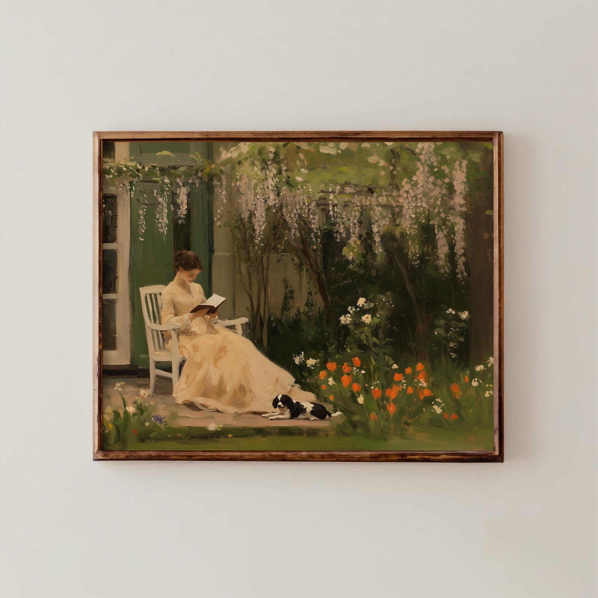 Vintage Portrait Garden Lady | Reading Woman Painting Print | Antique Print | Countryside Wall Art | Cozy Cottage Decor | Fine Art Print