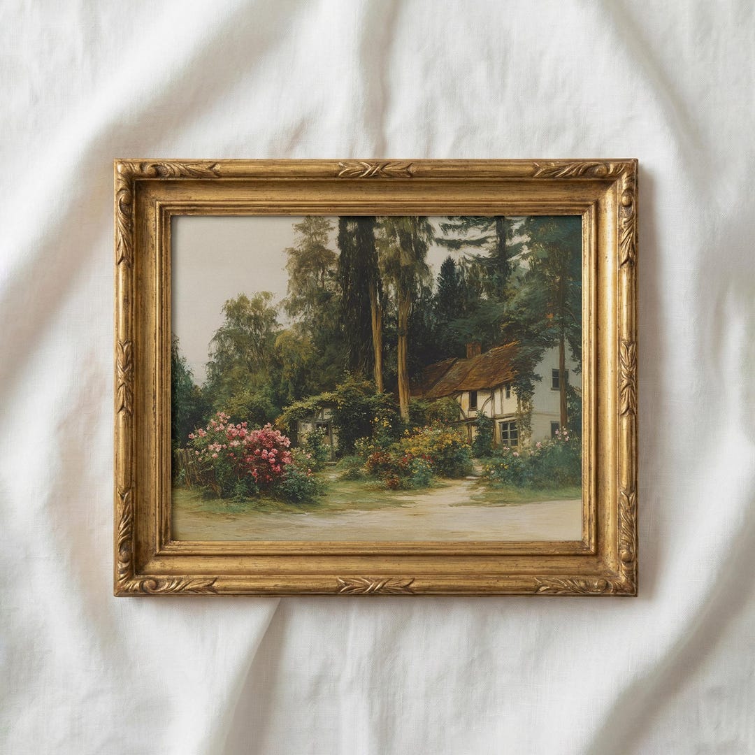 Cottage Oil Painting Print, Vintage Landscape Wall Art, Rustic ...