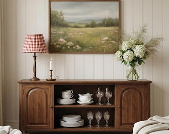 Wildflower Field Landscape Oil Painting, Countryside Meadow, Cottagecore Wall Art, Rustic Print