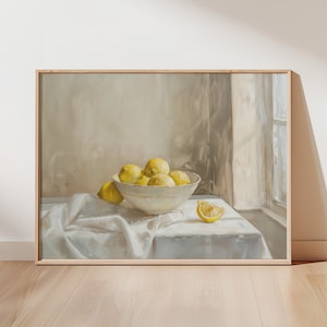 Stampa di pittura a olio di limoni in una ciotola, natura morta, arte murale da cucina, stampa artistica