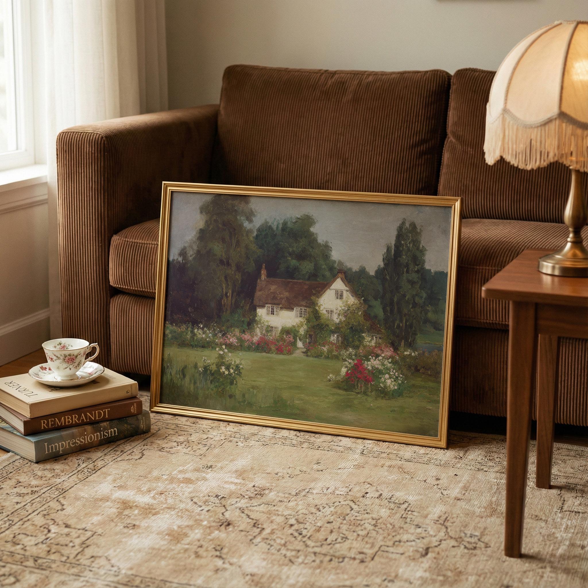 English Cottage Garden Oil Painting Print, Vintage Country House Art ...