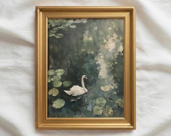 White Swan in Lake with Water Lilies Oil Painting | Cottagecore Print | Farmhouse Wall Art | Bathroom Print