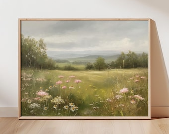 Wildflower Field Oil Painting, Countryside Meadow, Landscape Art, Fine Art Print