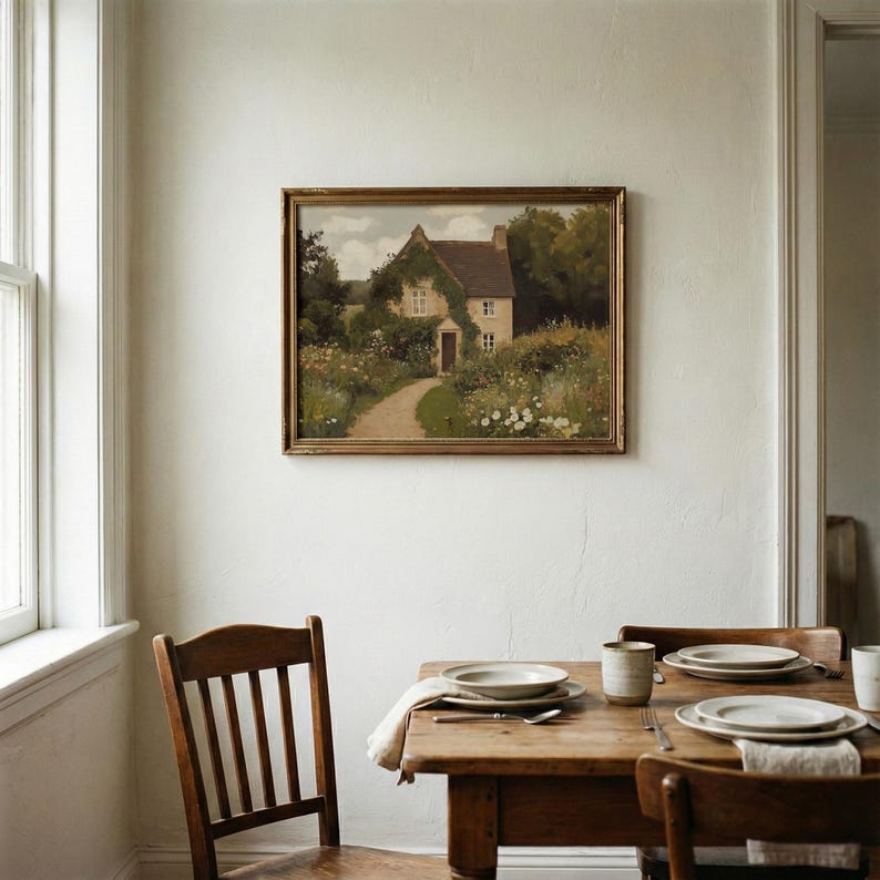 May include: A framed landscape painting of a cottage with a path leading to the front door. The painting has a gold frame and is hanging on a white wall. A wooden table is set with plates, cups, and silverware.