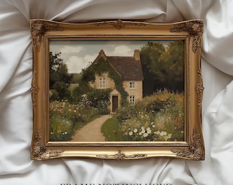 Vintage Ivy Covered House Painting Print | English Countryside Cottage | Country Farmhouse Wall Art | Rustic Landscape | Fine Art Print