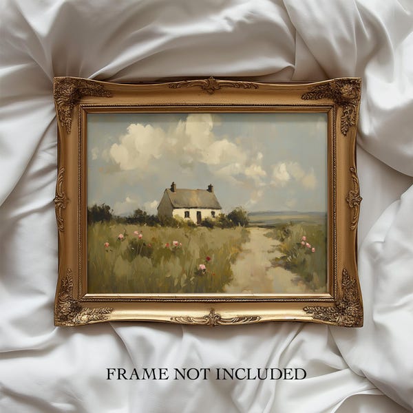 Vintage English Countryside Cottage Painting Print | Country Farmhouse Wall Art | Rustic Landscape | Fine Art Print