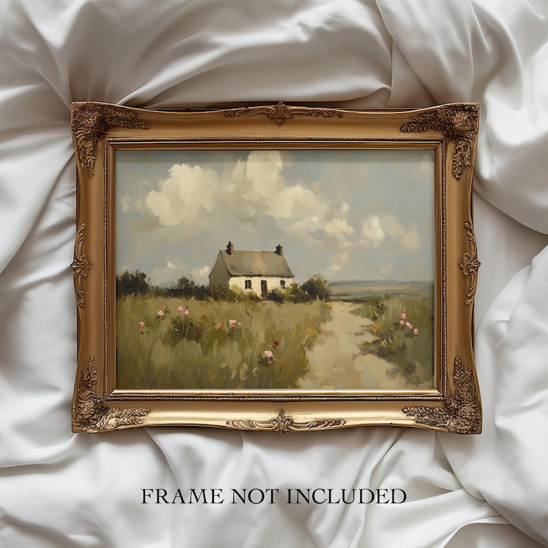 Vintage English Countryside Cottage – Unframed Painting Print | Country Farmhouse Wall Art | Rustic Landscape | Fine Art Print