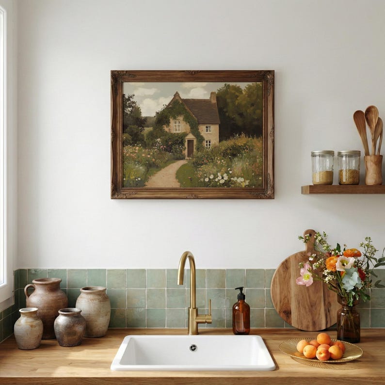 May include: A kitchen scene featuring a framed landscape painting of a cottage with a path. A gold faucet and white sink are in the foreground. Decorative jars, wooden cutting boards, and a vase of flowers add to the rustic aesthetic.