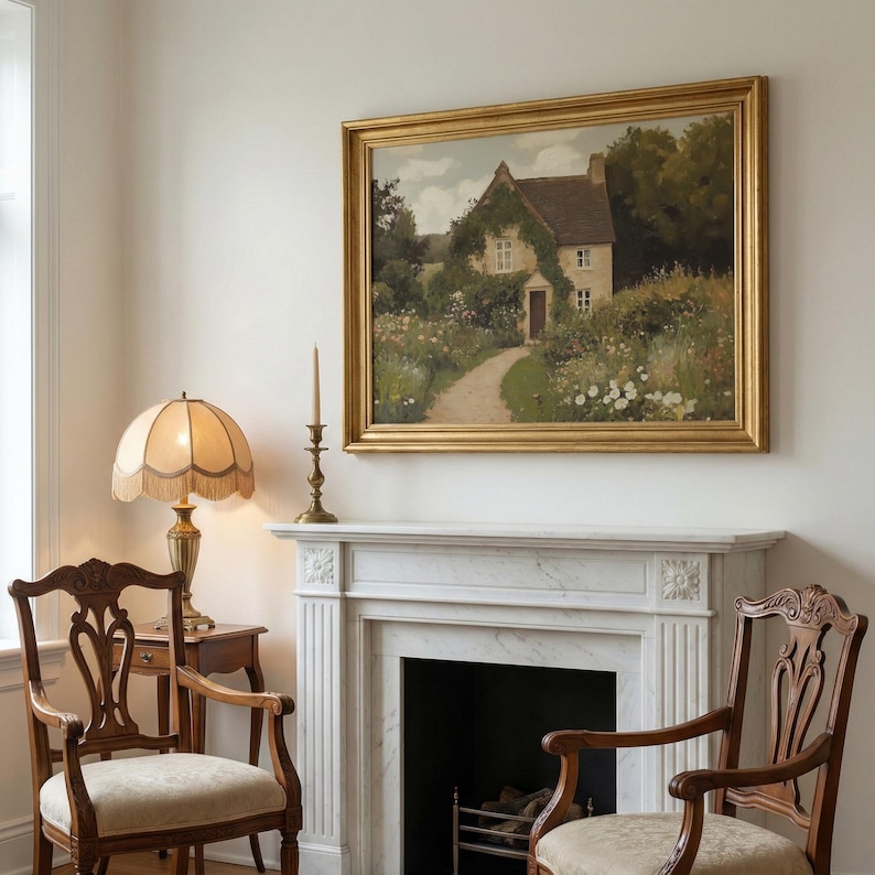 May include: A framed landscape painting of a cottage with a path, surrounded by flowers, hangs above a white marble fireplace. A brass lamp with a fringed shade and two wooden chairs with upholstered seats are in the room.